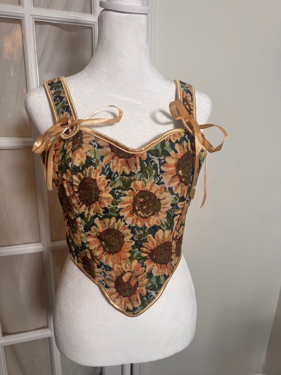 Tops - Sunflower Jacquard Corset Top with Ribbon Straps